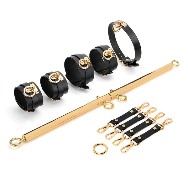 Premium Adjustable Spreader Bar with Leather Cuffs and Hogtie Set