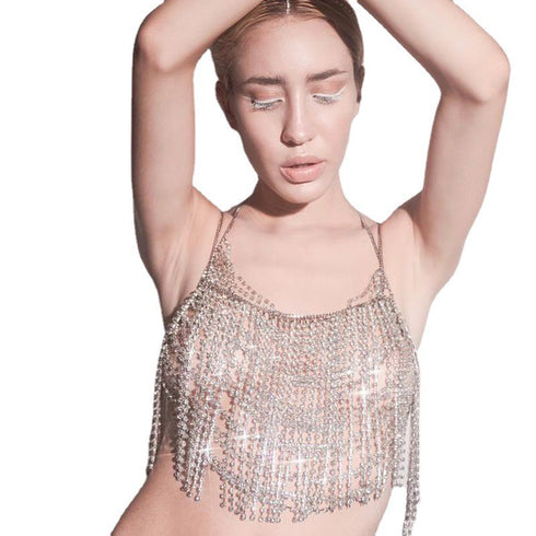 Luxara Dazzling Crystal Fringe Crop Top – Sexy Rhinestone Chain Bralette for Festivals & Night Out