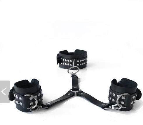 DH Adjustable Backbound Pleasure Collar & Cuffs Harness