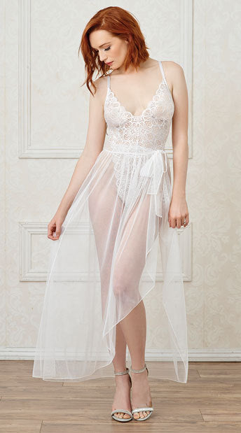 Sexy Backless Bodysuit with Sheer Maxi Skirt - Small