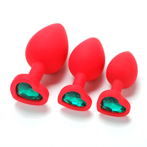 Lovendur Silicone Butt Plug Set of 3 - Heart Shape Base - Red