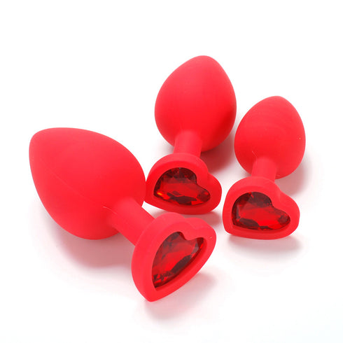 Lovendur Silicone Butt Plug Set of 3 - Heart Shape Base - Red